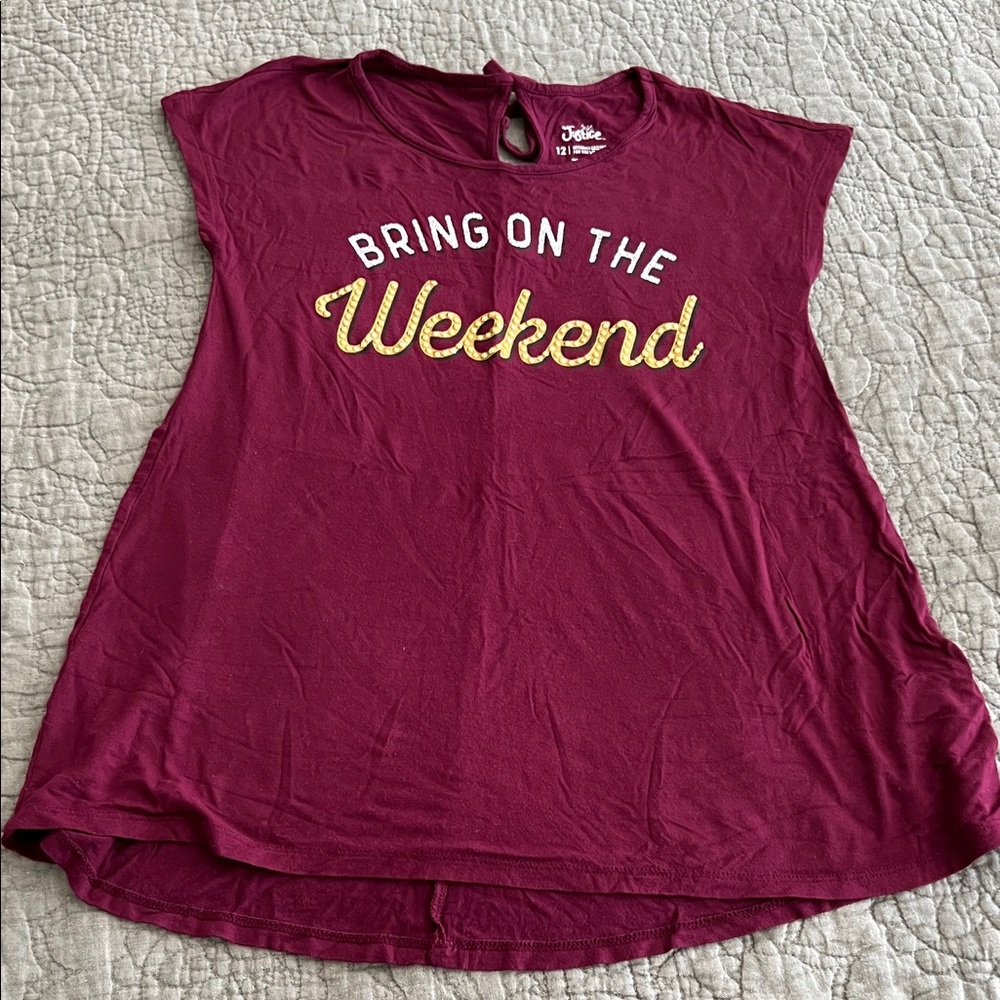 Justice Burgundy Tank with Gold 'Weekend' Script